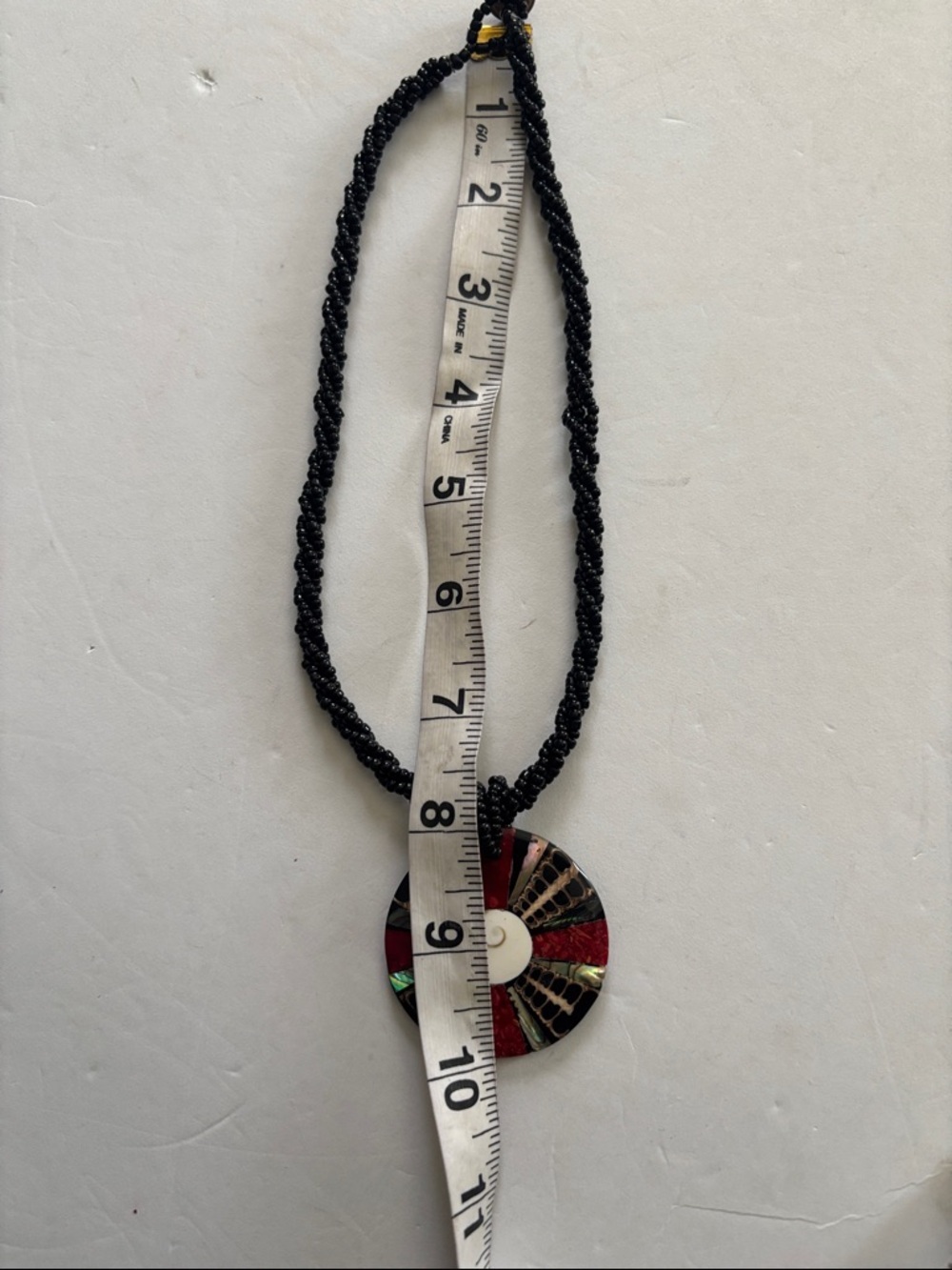 Source Unknown Black Beaded Necklace with Red, Green and Ivory Inlay Pendant - Picture 6 of 6